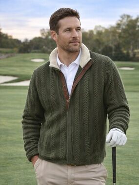 Carbon2Cobalt Olive Cable Knit Sherpa Collar Zip Cardigan Jacket Size L